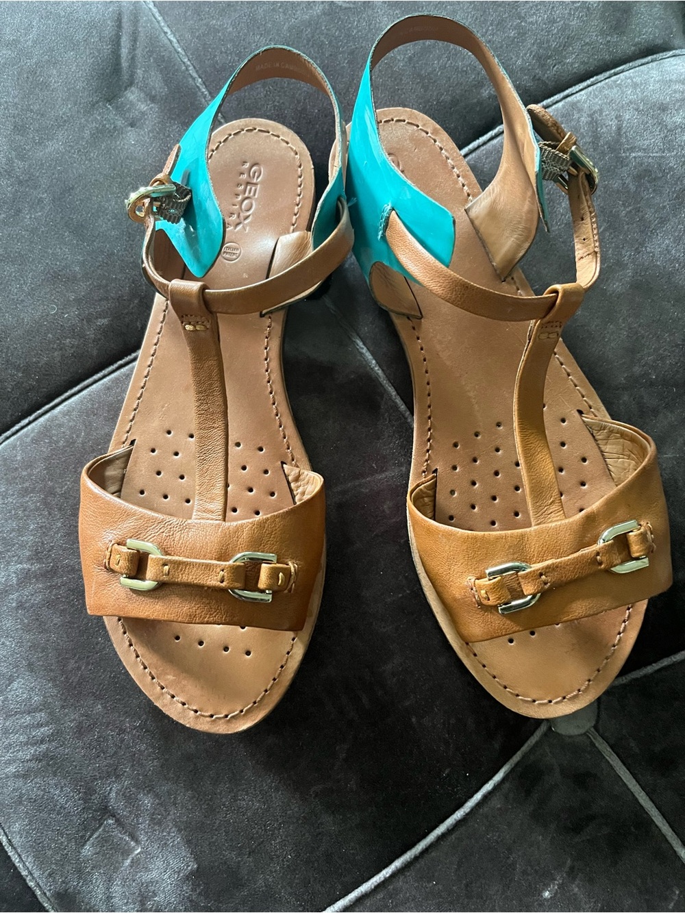 Geox Tan and Turquoise Leather T-Strap Sandals with Gold Buckles